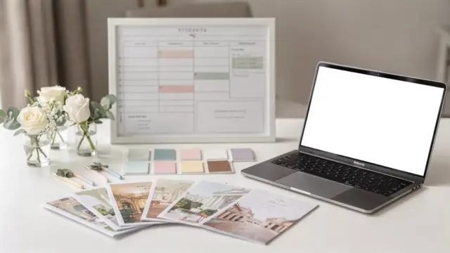 Wedding-Planner-Workspace mit Zeitplan, Farbmuster und Unterlagen zur Hochzeitsplanung