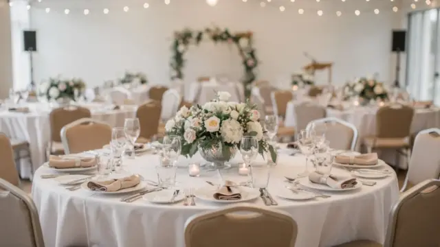 Ausstattung einer Hochzeitsfeier mit Tischen, Blumen, Glasware und Dekoration in heller Festlocation