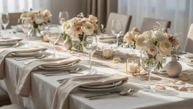 Stimmige Hochzeitsdeko bei einer echten Hochzeit mit Blumen, Kerzen und gedecktem Tisch