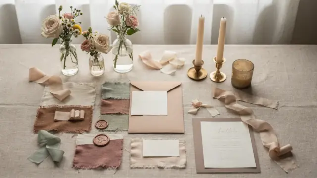 Farbkonzept für die Hochzeit mit Stoffmustern, Blumen, Kerzen und Papeterie