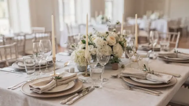 Hochzeitstafel-Deko mit Blumen, Kerzen und elegant gedecktem Tisch für die Hochzeitsfeier
