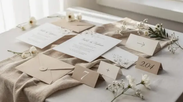 Hochzeitspapeterie mit Einladungen, Tischkarten und Beschilderung auf einem hellen Tisch