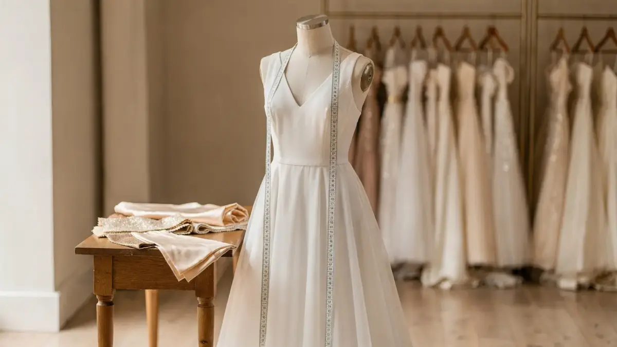 Brautkleid in einer Boutique mit Maßband und Stoffmustern zur Suche, Bestellung und Anprobe
