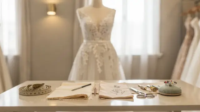 Brautkleid-Anprobe-Termin in einer hellen Boutique mit Kleid, Maßband und Nähzubehör