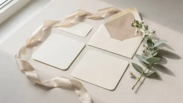 Hochzeitseinladungen und passende Umschläge auf einem Tisch zum Thema Kosten von Hochzeitseinladungen