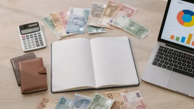 Honeymoon-Budget mit Rechner, Notizbuch und Reiseutensilien zur realistischen Kostenplanung