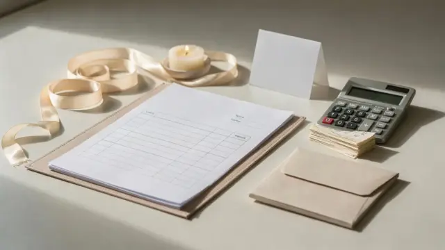 Rechnungen, Belege und Deko für Nachkosten einer Hochzeit auf einem Tisch