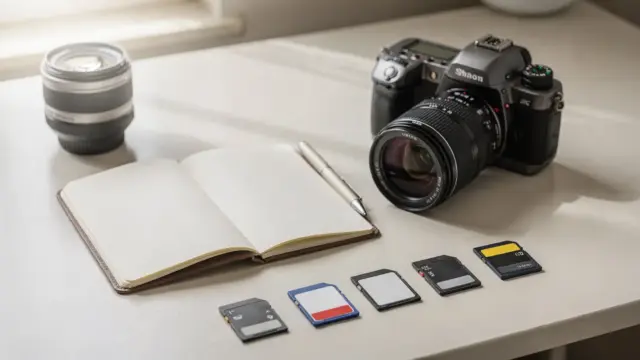 Kamera und Notizbuch zum Thema Hochzeitsfotograf Kosten auf einem hellen Schreibtisch