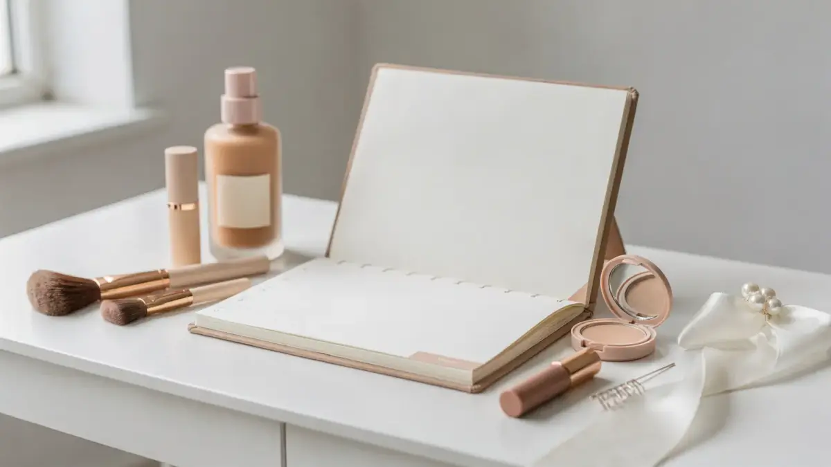 Terminplanung für Braut-Make-up mit Kalender, Make-up-Pinseln und Kosmetik auf einem Schminktisch