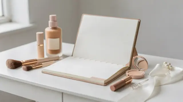 Terminplanung für Braut-Make-up mit Kalender, Make-up-Pinseln und Kosmetik auf einem Schminktisch