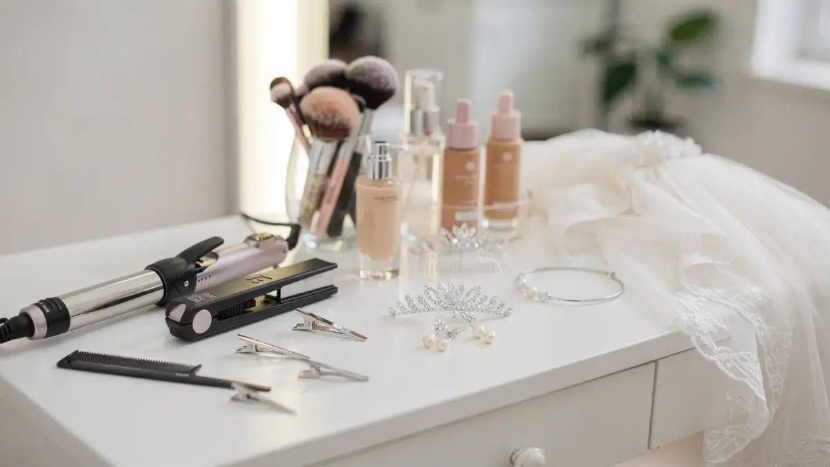 Brautstyling-Kosten: Hochzeits-Accessoires und Make-up auf einem Schminktisch im Salon