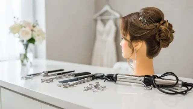 Hochzeitsfriseur: Stylistische Vorbereitung mit Haarwerkzeugen und Brautfrisur im Salon