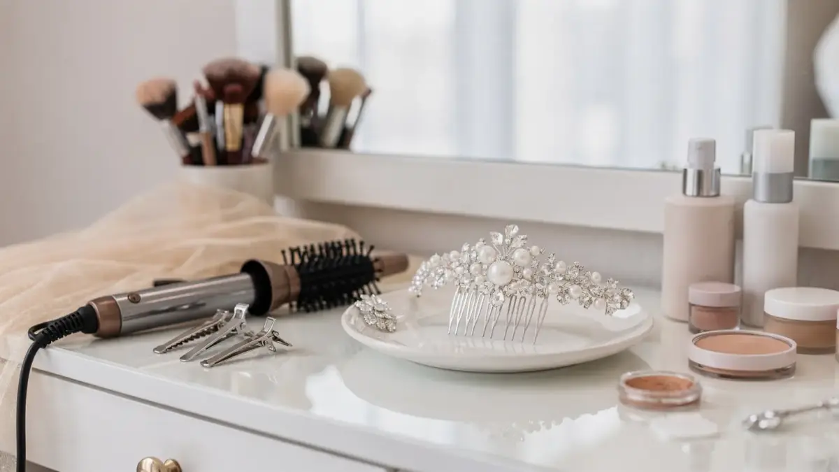 Brautstyling-Probe mit Make-up, Haarwerkzeugen und Brautaccessoires im hellen Salon