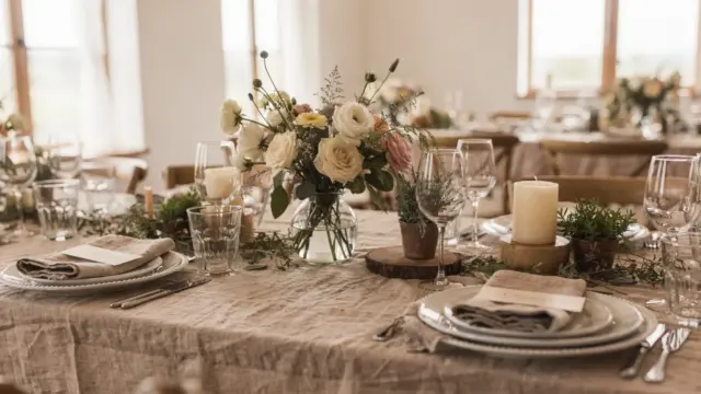 Nachhaltige Hochzeit mit Naturtischdeko, Leinen, Glas und Blumen für ein Green Wedding