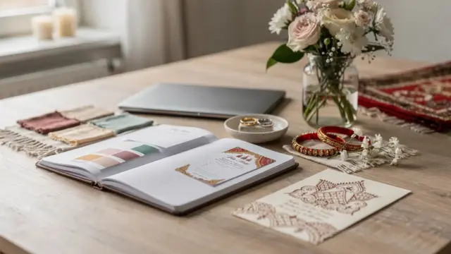 Interkulturelle Hochzeit: Hochzeitsplanung mit Deko, Stoffmustern und Einladungskarten auf einem Tisch