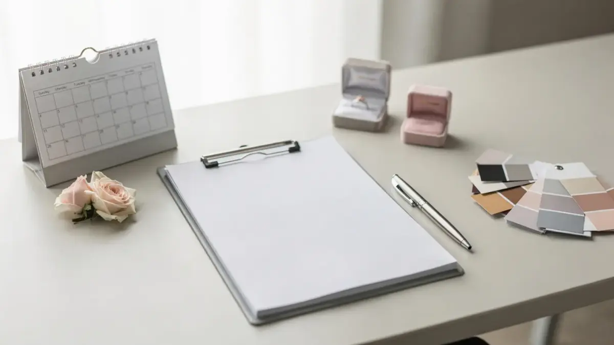 Hochzeitsdienstleister-Vertrag auf einem Schreibtisch mit Stift, Kalender und Hochzeitsplanungsunterlagen