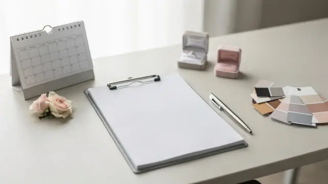 Hochzeitsdienstleister-Vertrag auf einem Schreibtisch mit Stift, Kalender und Hochzeitsplanungsunterlagen