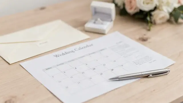 Hochzeitsanzahlung: Kalender, Vertrag und Ringbox auf einem Tisch bei der Hochzeitsplanung