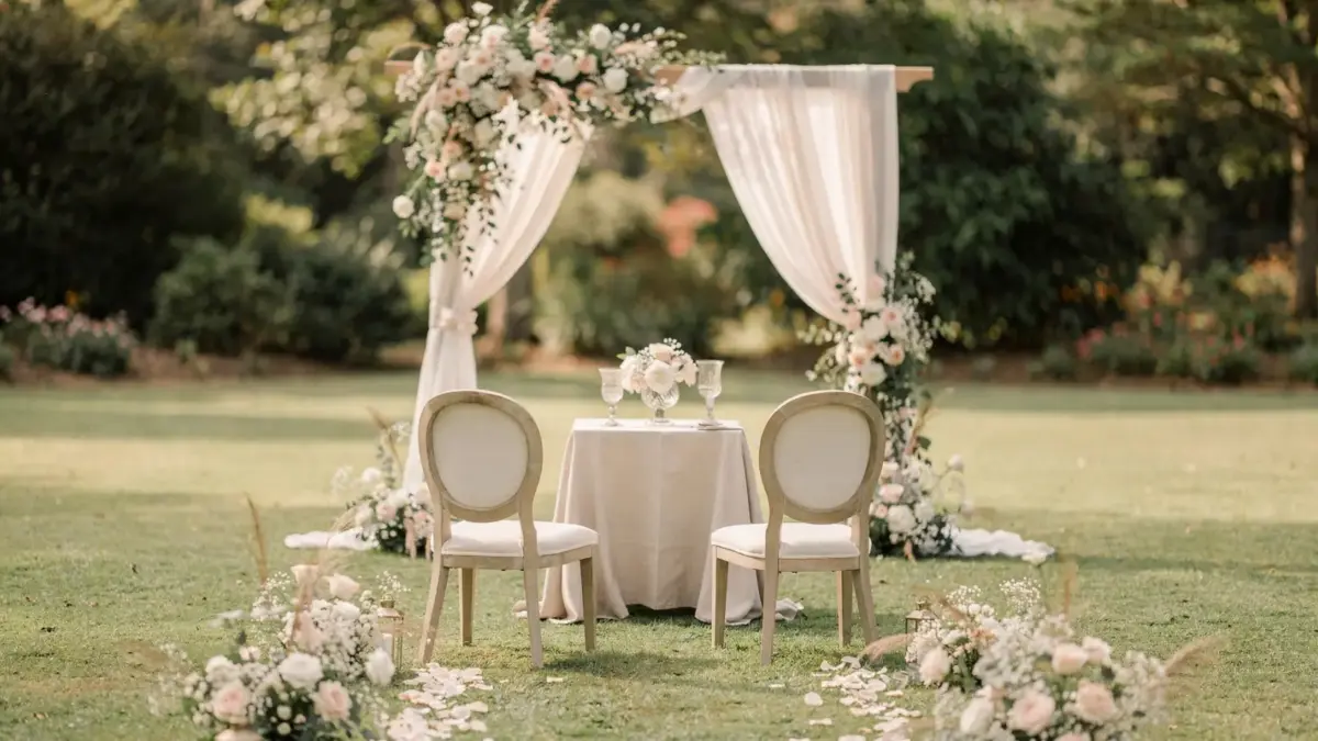 Vorbereitete freie Trauung mit Stühlen, Blumenbogen und Tisch als Symbol für Dauer und Ablauf.