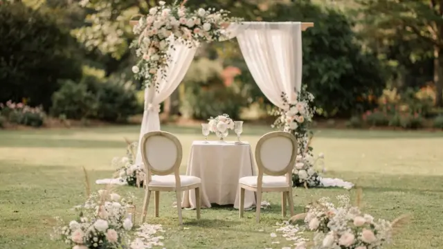 Vorbereitete freie Trauung mit Stühlen, Blumenbogen und Tisch als Symbol für Dauer und Ablauf.