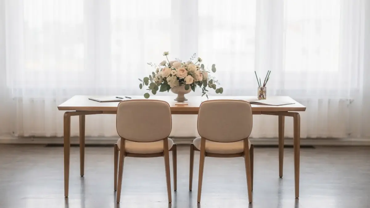 Standesamtliche Trauung im Trauzimmer mit Tisch, Stühlen und Blumenschmuck