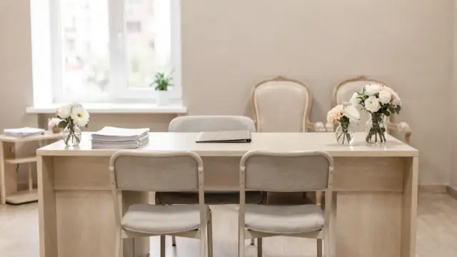 Standesamt in anderer Stadt als Thema zum Heiraten, mit Tisch, Stühlen und Unterlagen