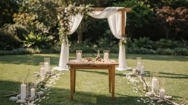 Freie Trauung im Freien mit Ritualtisch, Blumendeko und Kerzen für ausgefallene Rituale