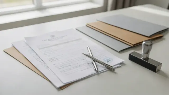 Hochzeit Dokumente fürs Standesamt: Formulare, Ordner und Stift auf einem Schreibtisch