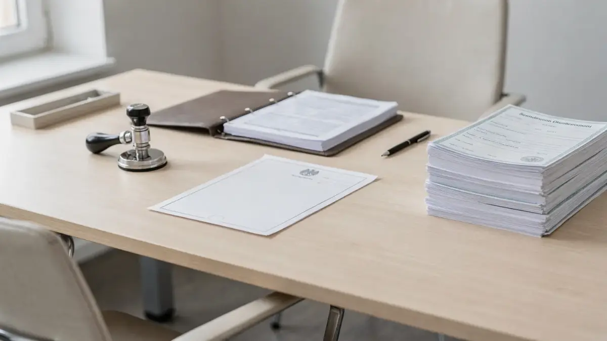 Beglaubigte Kopie der Heiratsurkunde auf einem Schreibtisch im Standesamt mit Formularen und Stempel