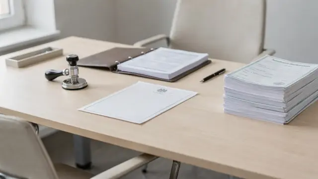 Beglaubigte Kopie der Heiratsurkunde auf einem Schreibtisch im Standesamt mit Formularen und Stempel