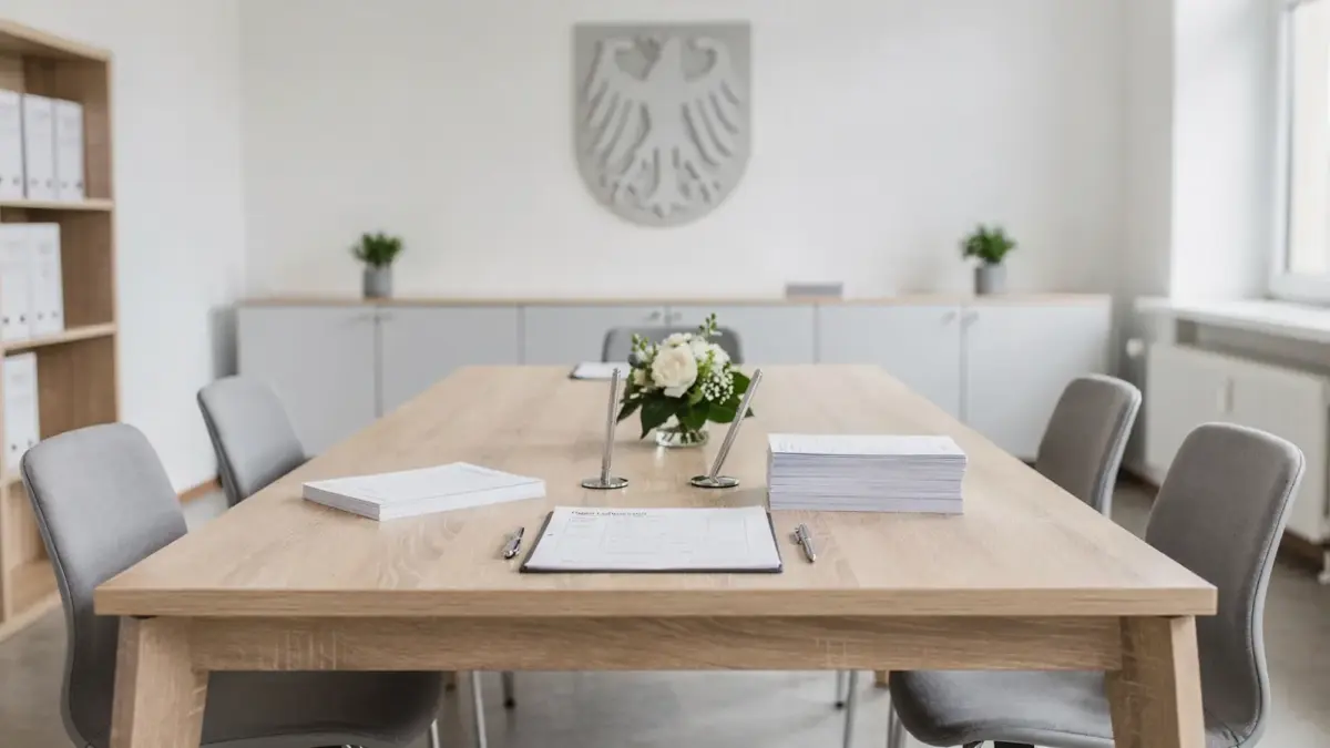 Standesamtliche Trauung in NRW: Trautisch mit Unterlagen im hellen Amtszimmer