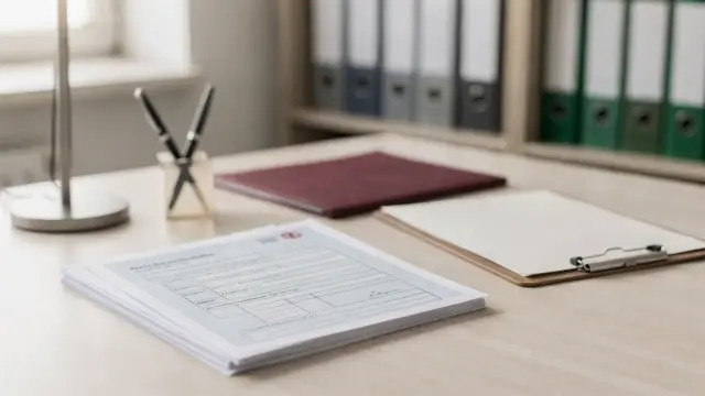 Heiratsurkunde auf dem Tisch mit Formularen und Stift zum Thema Aufbau und Nutzung