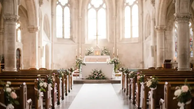 Kirchenraum für eine kirchliche Trauung mit Altar, Bänken und Blumenschmuck zum Thema Dauer und Ablauf