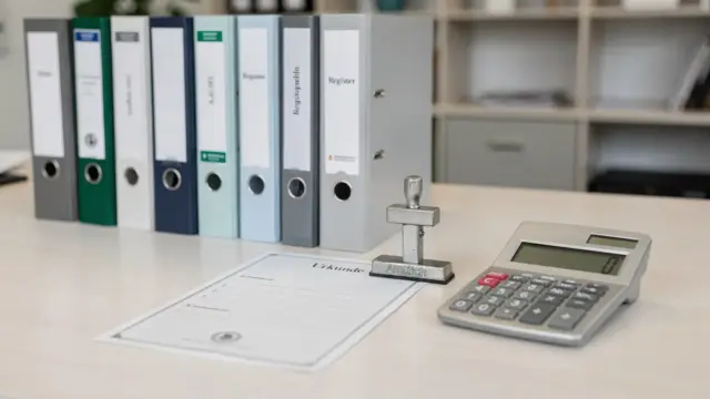 Standesamt-Schalter mit Formularen, Stempel und Taschenrechner zum Thema Heiratsurkunde Kosten