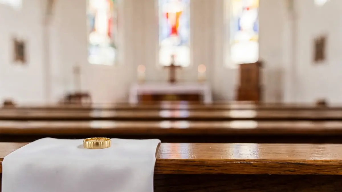 Kircheninnenraum mit Trauring und Altar zur kirchlichen Trauung, wenn nur einer in der Kirche ist