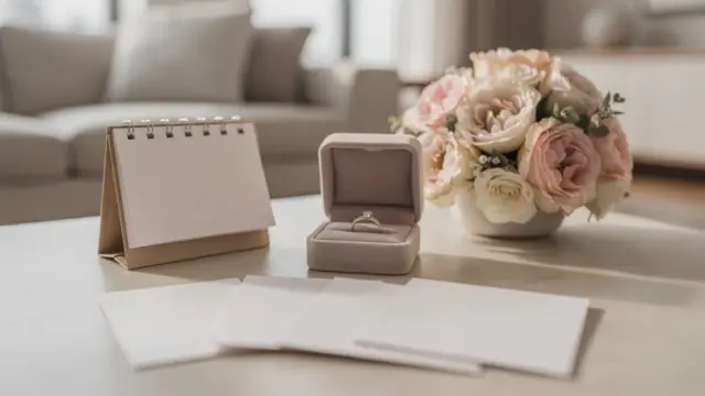 Tisch mit Kalender, Ringbox und Blumen für ein Hochzeitstags-Jubiläum